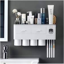 Salle De Bains Accessoires Organisateur Set Porte-Brosses A Dents Distributeur Automatique De Dentifrice Porte-Brosse A Dents Support Mural En Rack Set Outils (Color : 4 cups Gray, Size : M)