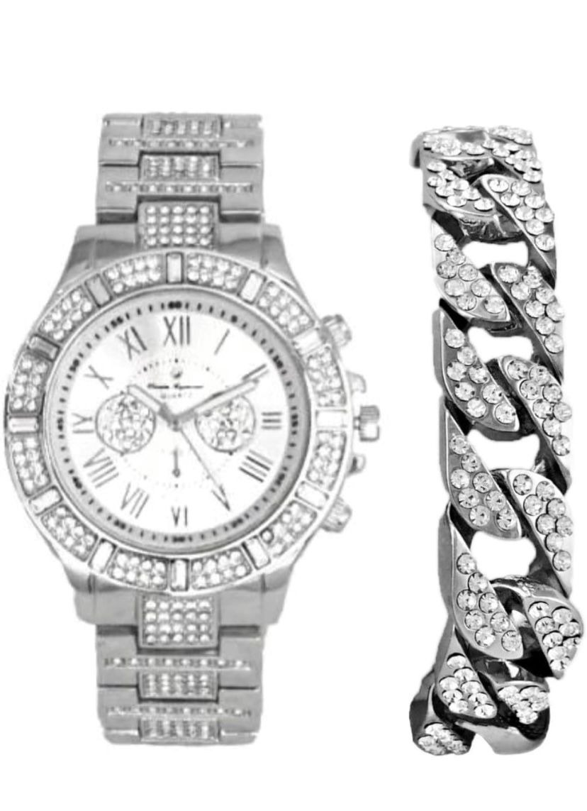 Montre Pour Homme Avec Bracelet Aspect Glacé Assorti Rolly Hip Hop En Métal, Gros Strass Sur La Bordure Et Indicateurs De Temps Baquette Élégants Sur Le Cadran, Master Bling Designer