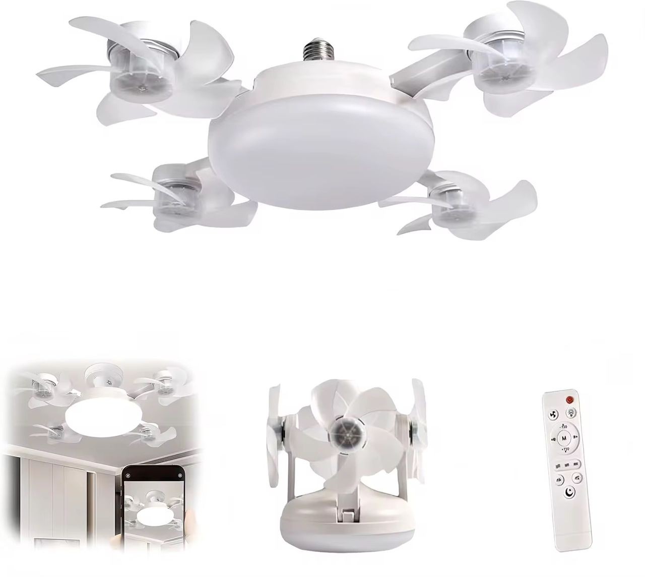 Ventilateur de drone, 4 ventilateurs avec lumières, ventilateur de plafond à économie d'énergie avec télécommande de type à vis (type à vis E27), LED à 3 couleurs à intensité variable, 4 styles de