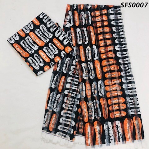 4 Yards Soie + 2 Yards Chiffon Orange-Blanc High Qualité