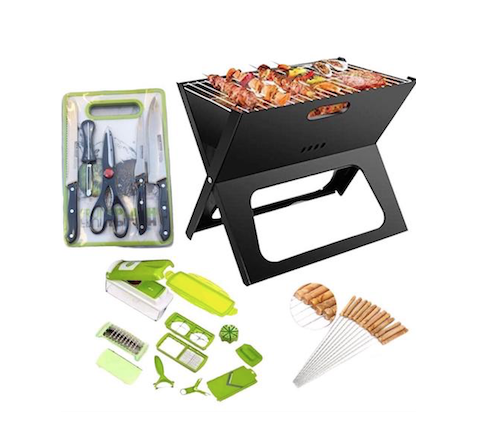 Barbecue transportable pliable + Pique de 10 brochette +ensemble couteaux 6 pièces