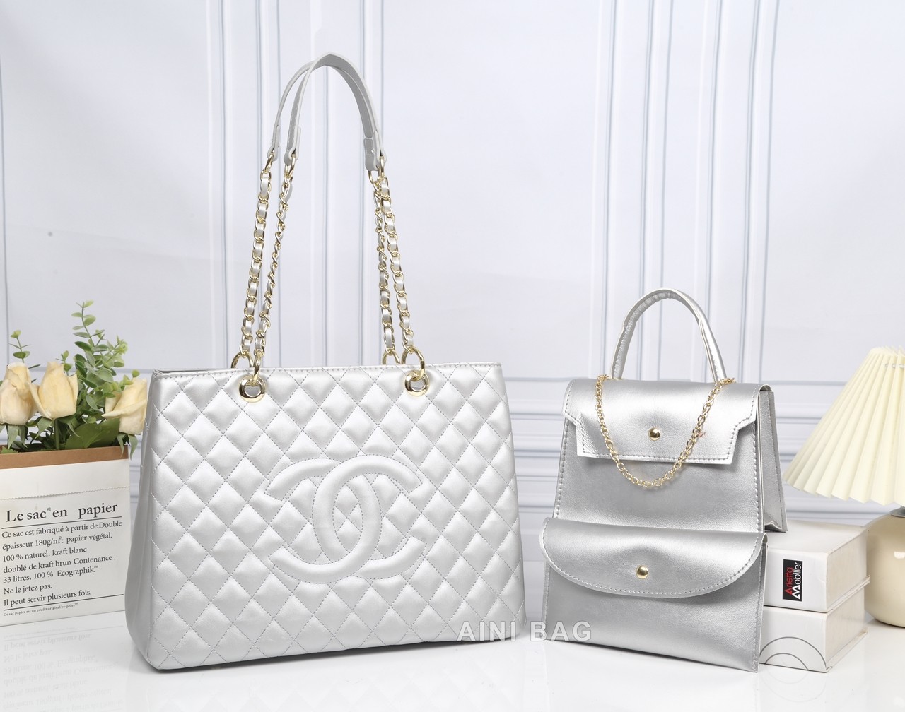 Ensemble 3 Pièces De Sac À Mains Pour Femme CHANEL  Grand Shopping GST Caviar Sac Fourre-Tout En Cuir Blanc, De Bonne Qualités