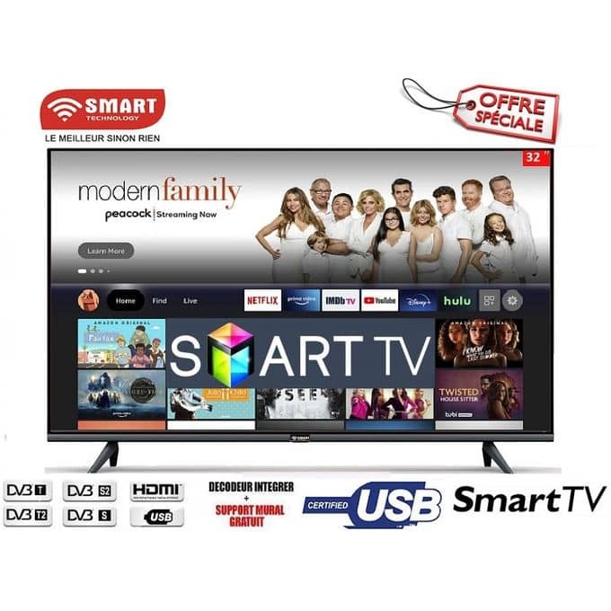 Télévision Écran Plat, Smart TV 32" Système De Régulateur Et Décodeur Intégré Noir Garantie