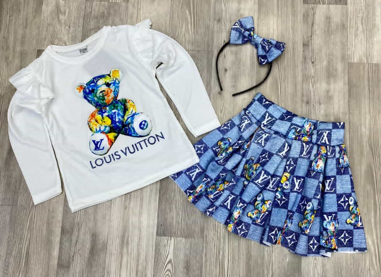 Tenue Assortie Pour Les Filles Âgées  De 1 À 5 Ans Louis Vuitto En Format Pull Et Jupe  Avec Cravate