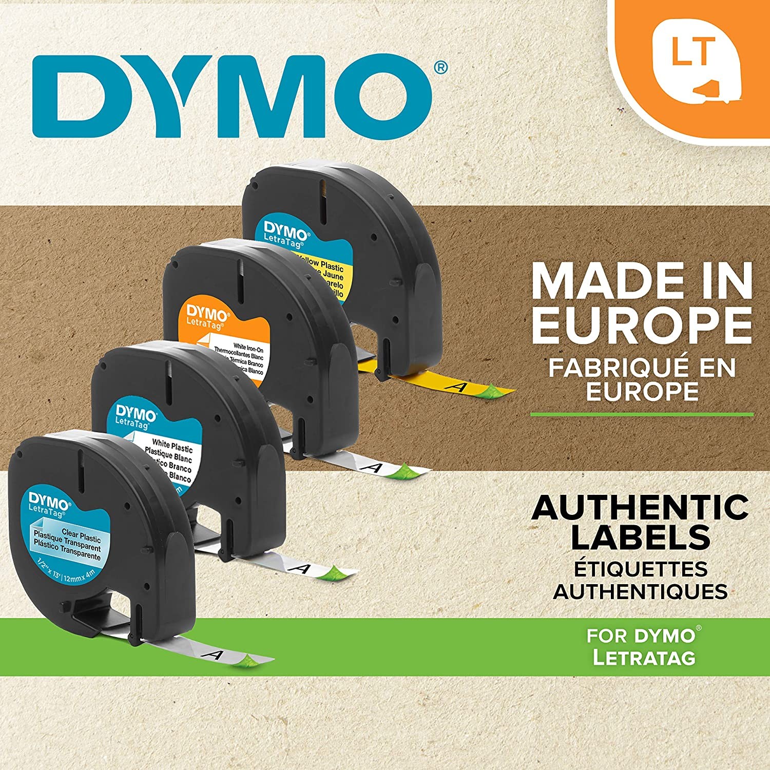 Ruban DYMO Pour Etiqueteuses LetraTag, Plastique, 12mm x 4m, Noir Sur Fond Blanc