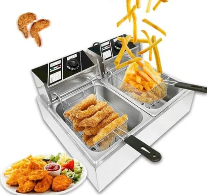 Friteuse électrique 12 L en acier inoxydable, double friteuse à zones froides, 5000 W, avec panier de friture pour restauration rapide et snacks.