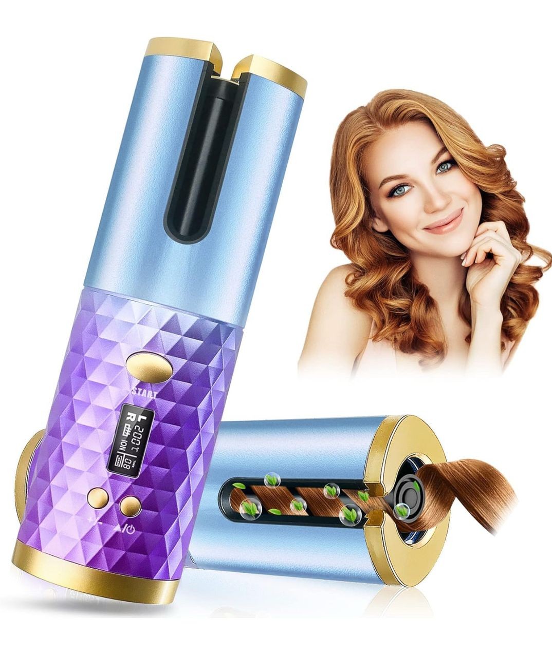 Fer à friser automatique, bigoudi sans fil avec 6 températures et 6 minuteries Fer à friser rotatif avec écran LCD Bigoudis automatique portable rechargeable