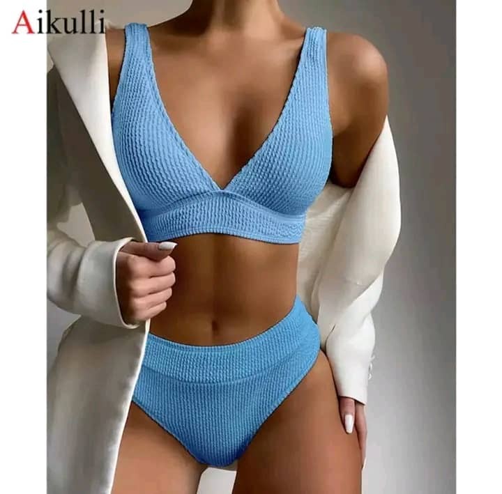 Maillot De Bain Pour Femmes, Couleur Unie, Sexy, Élastique, Taille Haute, Ensemble Deux Pièces, Dos Nu, Pour La Plage, Pour L'été
