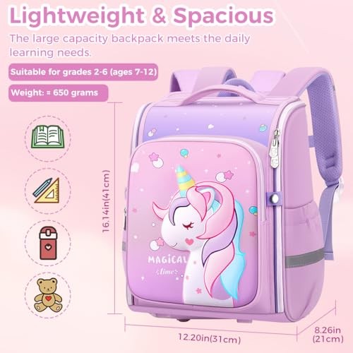 Licorne Sac à dos pour enfants Filles Élégant Durable Résistant à l’eau Sac à dos Sacs d’école à épaule pour filles Enfants 6-12 ans Anniversaire & Rakhi Cadeau - Violet