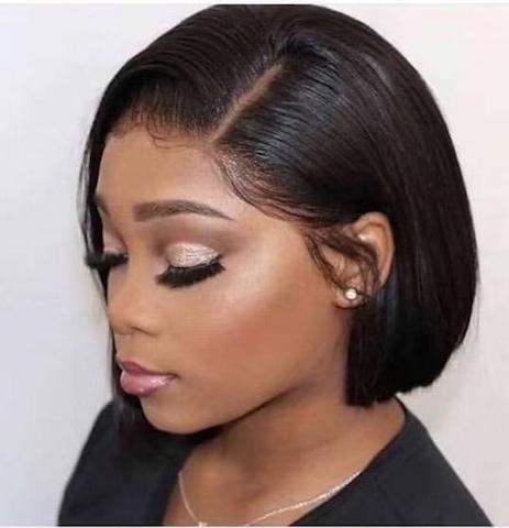 Perruque raide cheveux naturel longueur 12" - peruvien coupe courte Bob dentelle lace frontal