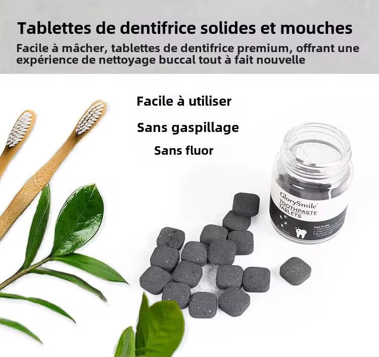 30 Comprimés de dentifrice à la menthe fraîche + Brosse Bio - Comprimés de dentifrice naturel Blanchiment des dents au charbon de bois 30 pièces Dentifrice solide Certifié Halal