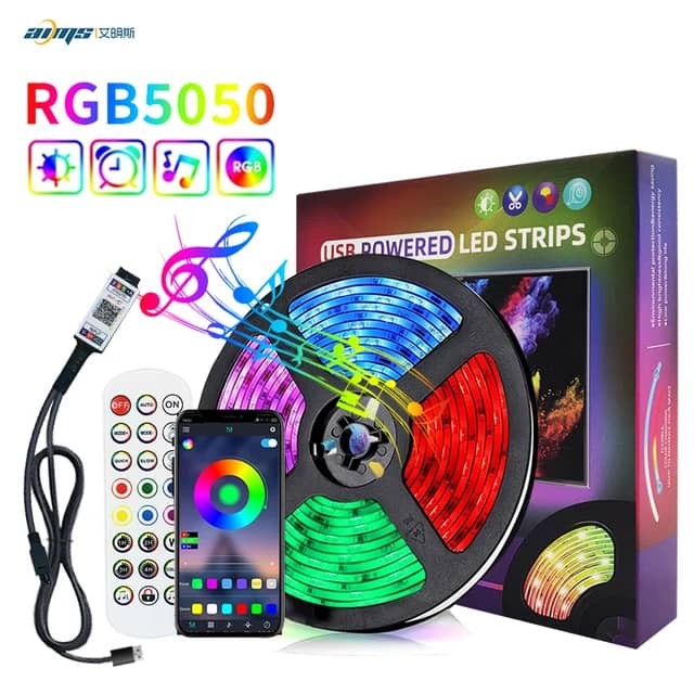 Ruban LED 5m USB chambre bande leds decoration 5050 RGB Lumiere Bluetooth avec App Contrôle Ruban Auto-adhésif pour Chambre Maison Cuisine [Classe énergétique A]