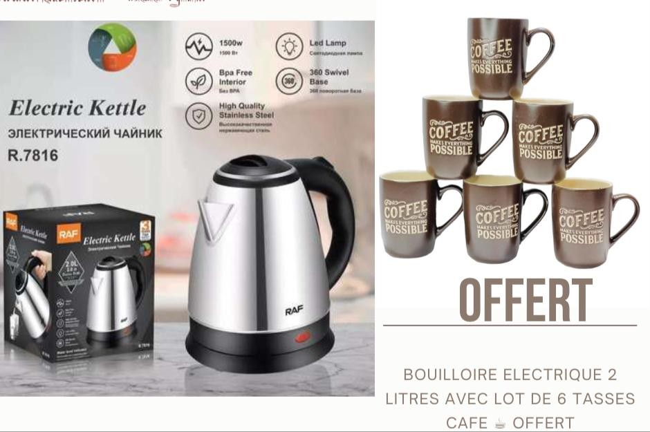 Bouilloire Électrique 2 Litres En Acier Inoxydable Plus 6 Tasses Offertes