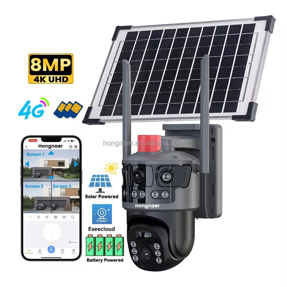 Hongnaer 8MP HD 3 Vidéo 4G Caméra de sécurité solaire sans fil Eseecloud Double objectif 4K WiFi 4G Carte Sim Surveillance Caméra de vidéosurveillance solaire
