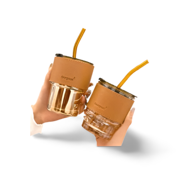 Tasse À Café En Verre, Portable, Joint En Bambou, Avec Couvercle, Pailles, Antifuite, En Cuir .