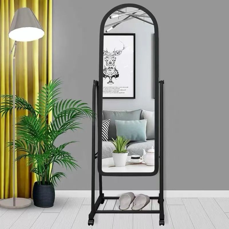 Miroir pleine longueur avec support, 168 x 43 cm, réglable sur roulettes avec rangement sous le sol, miroir de maquillage sur pied pour chambre à coucher, salon, vestiaire, dressing