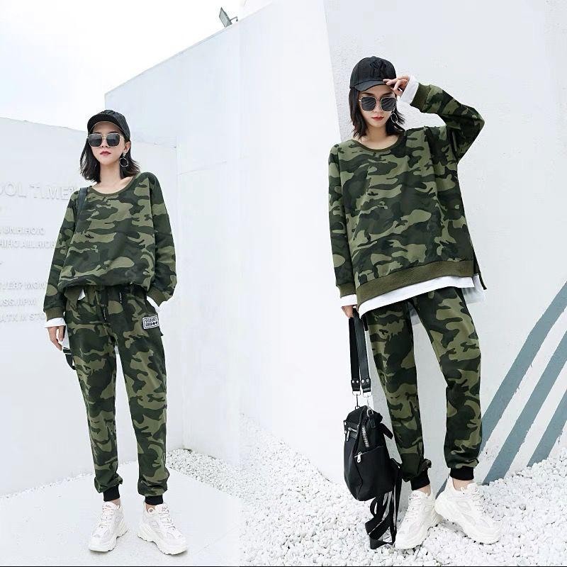 Ensemble De Jogging Camouflage Pour Femmes, Survêtement Complet En Coton, Grande Taille, Sport De Plein Air, Vert, Haut Et Pantalon, Manches Longues, 2 Pièces