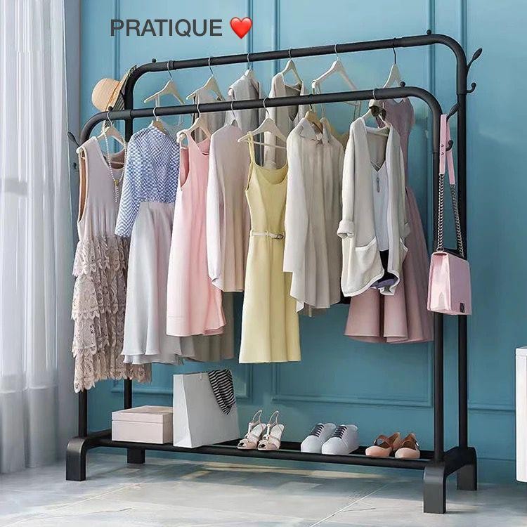 Penderie Double Barres Porte-vêtements Double Pôle, Etagère De Séchage Pour Vêtements De Chambre À Coucher Portemanteau, Porte-Manteau Barre Double Étagère Avec Roulettes