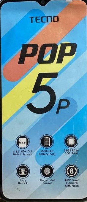 Tecno Pop 5 P – Écran 6.52″ – Mémoire 32GB – Rame 2GB – Caméra 8/8MP – Bleu