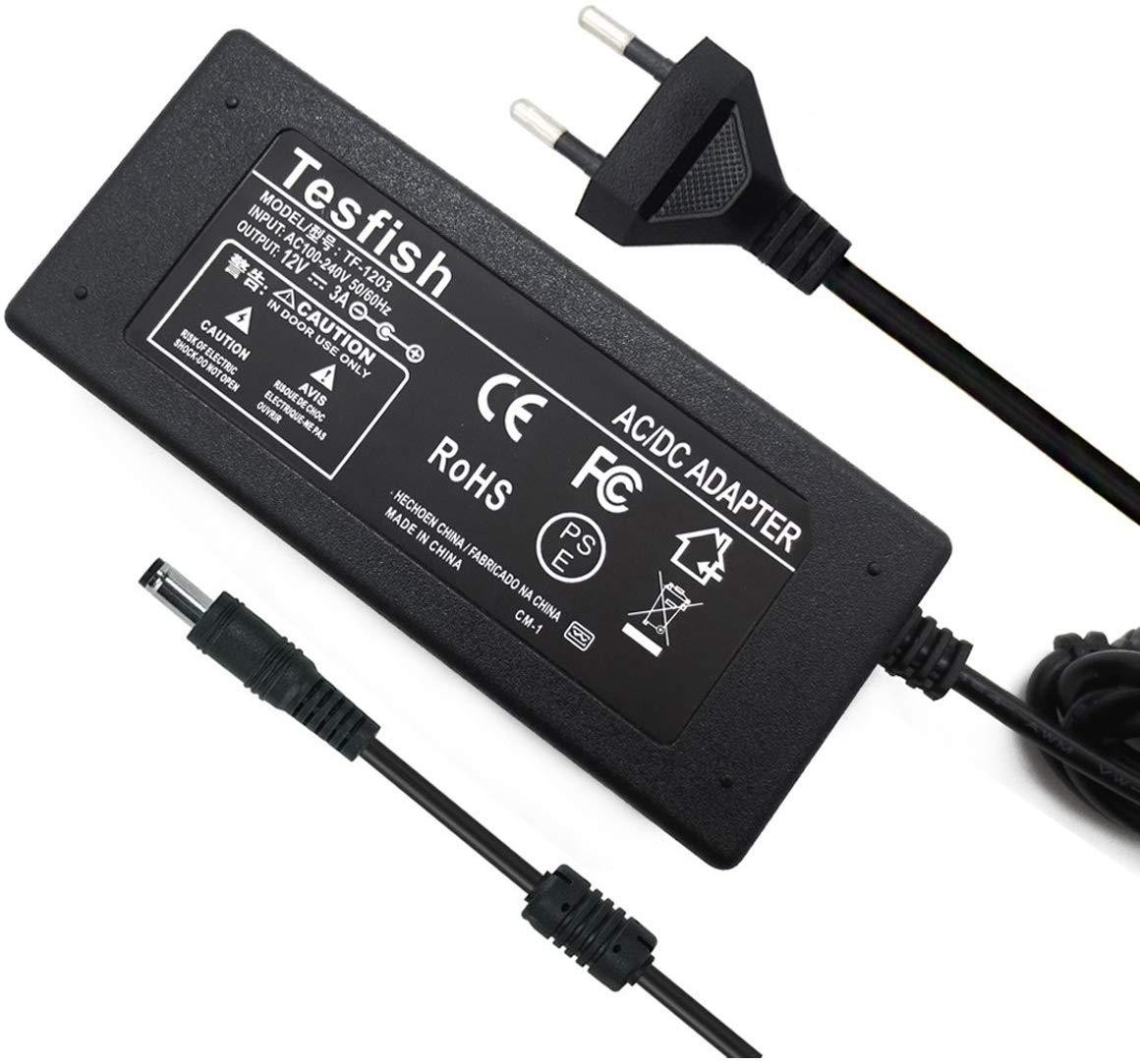 Tesfish 12V 3A Chargeur adaptateur secteur d'alimentation 36W 5.5 x 2.1 / 2.5mm pour caméra CCTV routeur