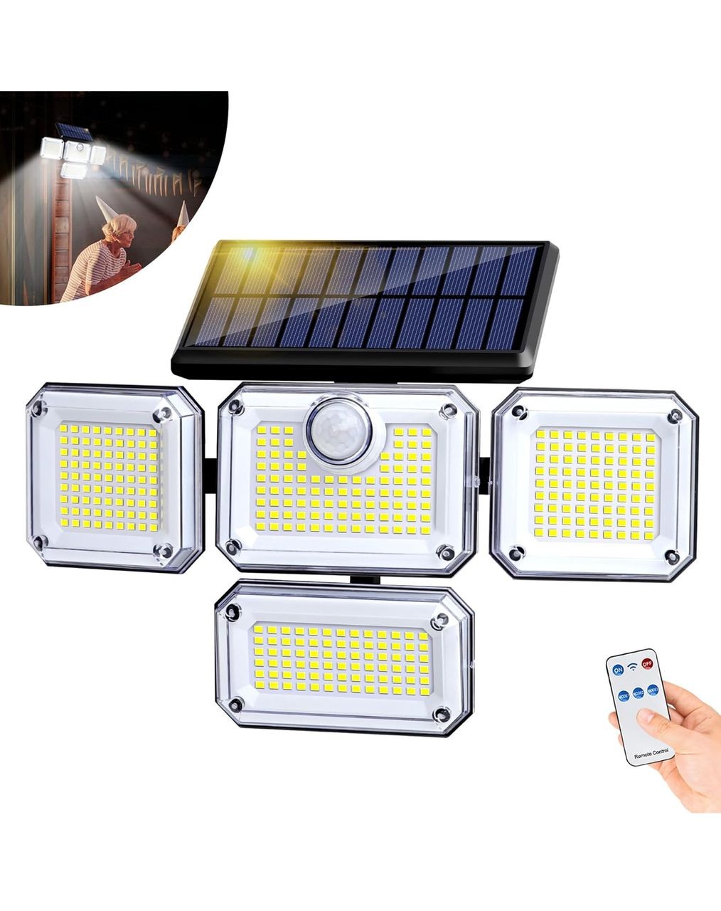 Projecteur Lampe à détecteur de mouvement Extérieure - Solaire à 4 têtes - 3000 lumens, 6500K, étanche IP65, plage d'éclairage de 270°