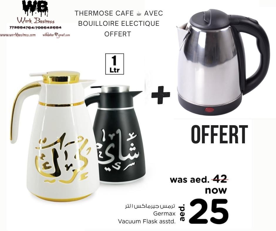 Thermos Plus Bouilloire Électrique Offert, Flacon Thermos, Cafetière Inoxydable 1 Litres