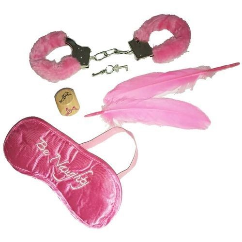 Set Coquin : Menottes + 2 Plumes Chatouilleuses + Masque + Dé - Rose