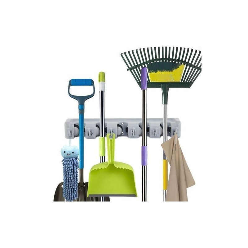 Support mural multifonction pour vadrouille et balai magique 5 emplacements avec 6 crochets