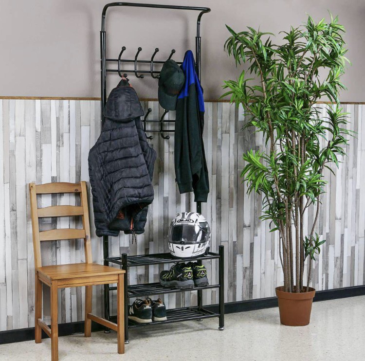 Porte-manteau avec rangement métallique pour entrée avec porte-chaussures et avec 18 cintres noir