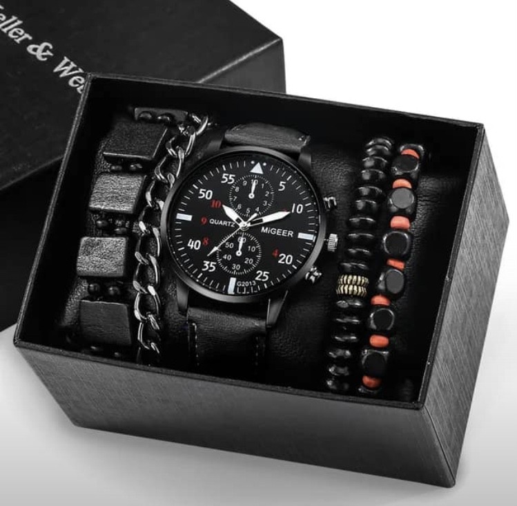 Coffret Montre + Bracelets ( avec boite) - Ensemble 3 pièces, cadeau de luxe, à quartz analogique montre, bracelets en cuir