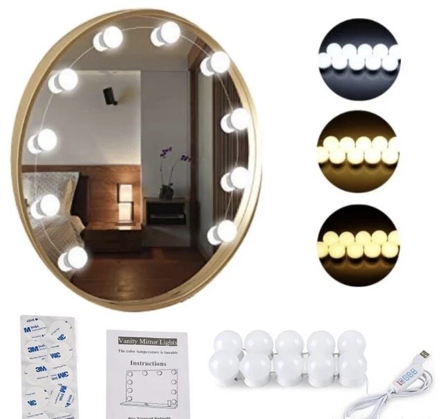 10xLampes Miroirs-Kit de Lumière LED Miroir, lampe pour miroir cosmétique avec 10 marches luminosité & 3 Modes de couleur, 10 LED miroir lampe de maquillage USB Lampe de style Hollywood (Miroir Non In