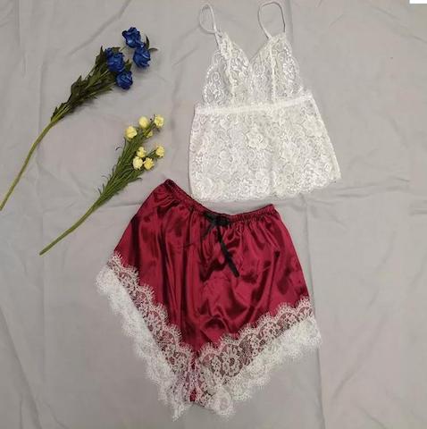 Ensemble 2 pièces Nuisette Dentelle Pyjama en satin