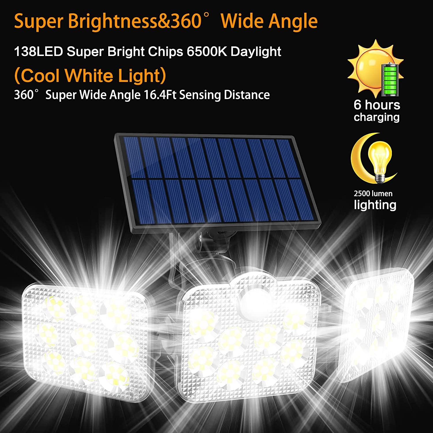 Lampe Solaire D'extérieur A 138 LED Avec Capteur De Mouvement, 3 Têtes D'éclairage A Grand Angle, Etanche, Avec Télécommande, Pour La Maison