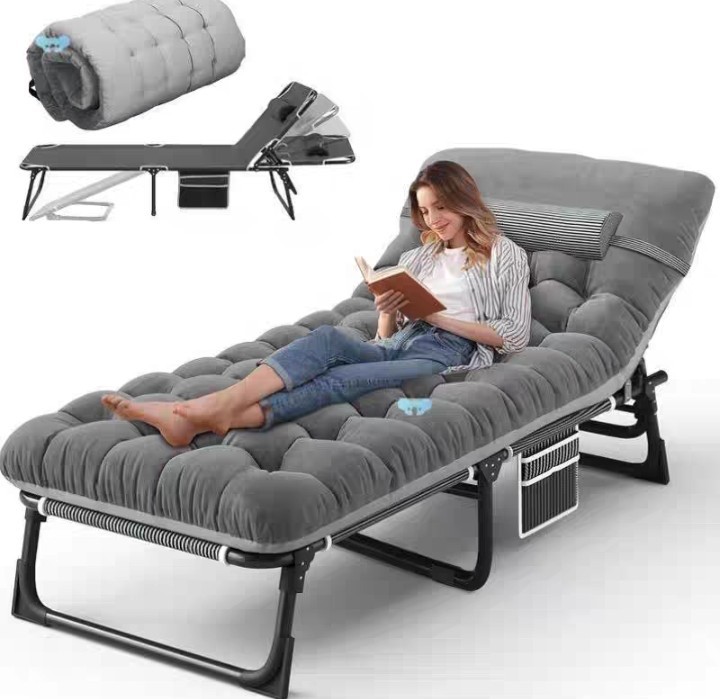 Lit de camp pliant portable, chaise longue inclinable réglable 5 positions pour adultes avec oreiller, fauteuil de jardin portable pour le camping, la piscine, la plage et la terrasse.