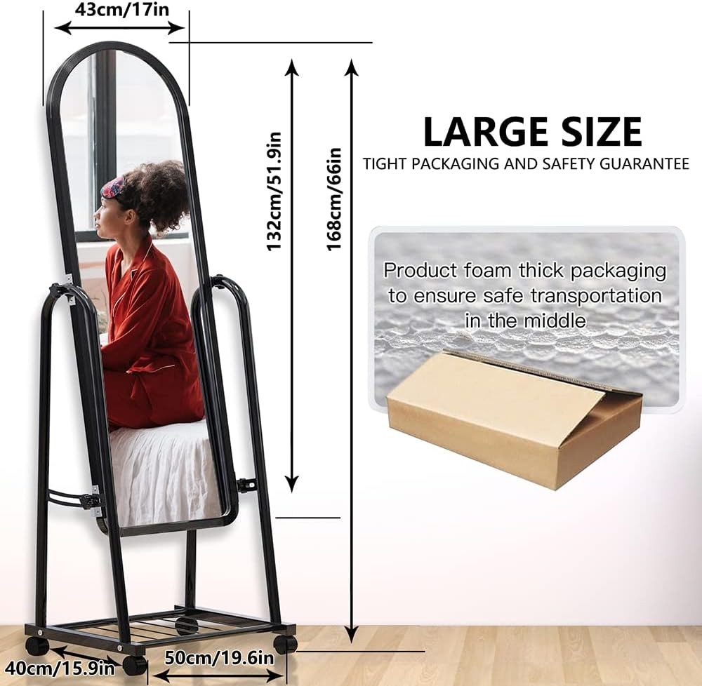Miroir pleine longueur avec support, 168 x 43 cm, réglable sur roulettes avec rangement sous le sol, miroir de maquillage sur pied pour chambre à coucher, salon, vestiaire, dressing