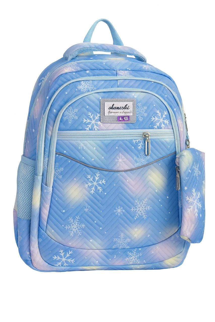 Sac à Dos Scolaire Pastel Hiver – Motifs Flocons de Neige avec Pochette Détachable