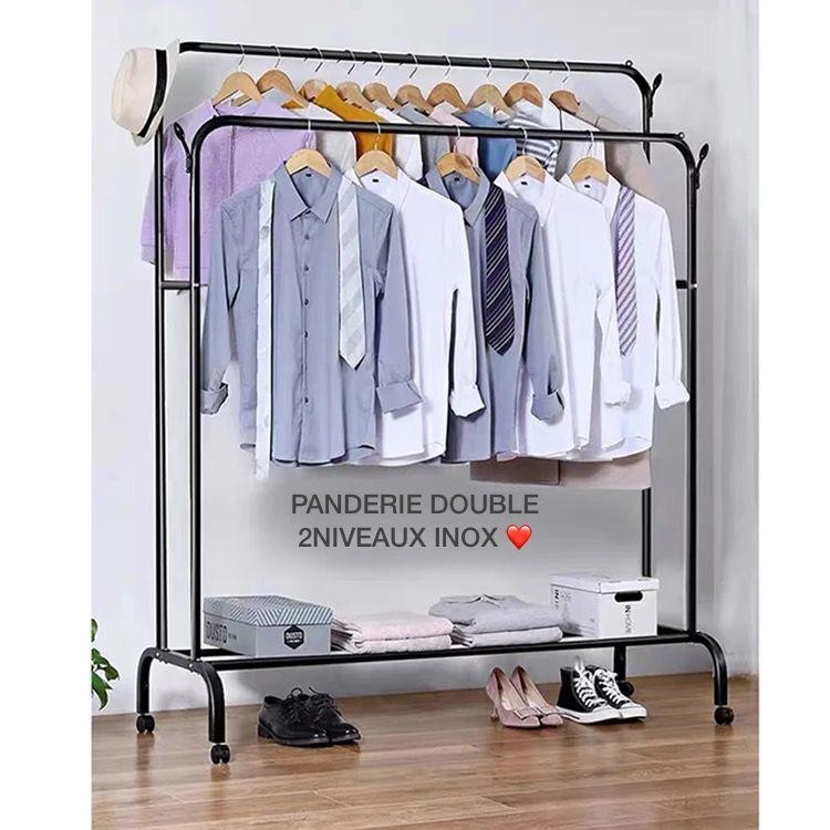 Penderie Double Barres Porte-vêtements Double Pôle, Etagère De Séchage Pour Vêtements De Chambre À Coucher Portemanteau, Porte-Manteau Barre Double Étagère Avec Roulettes