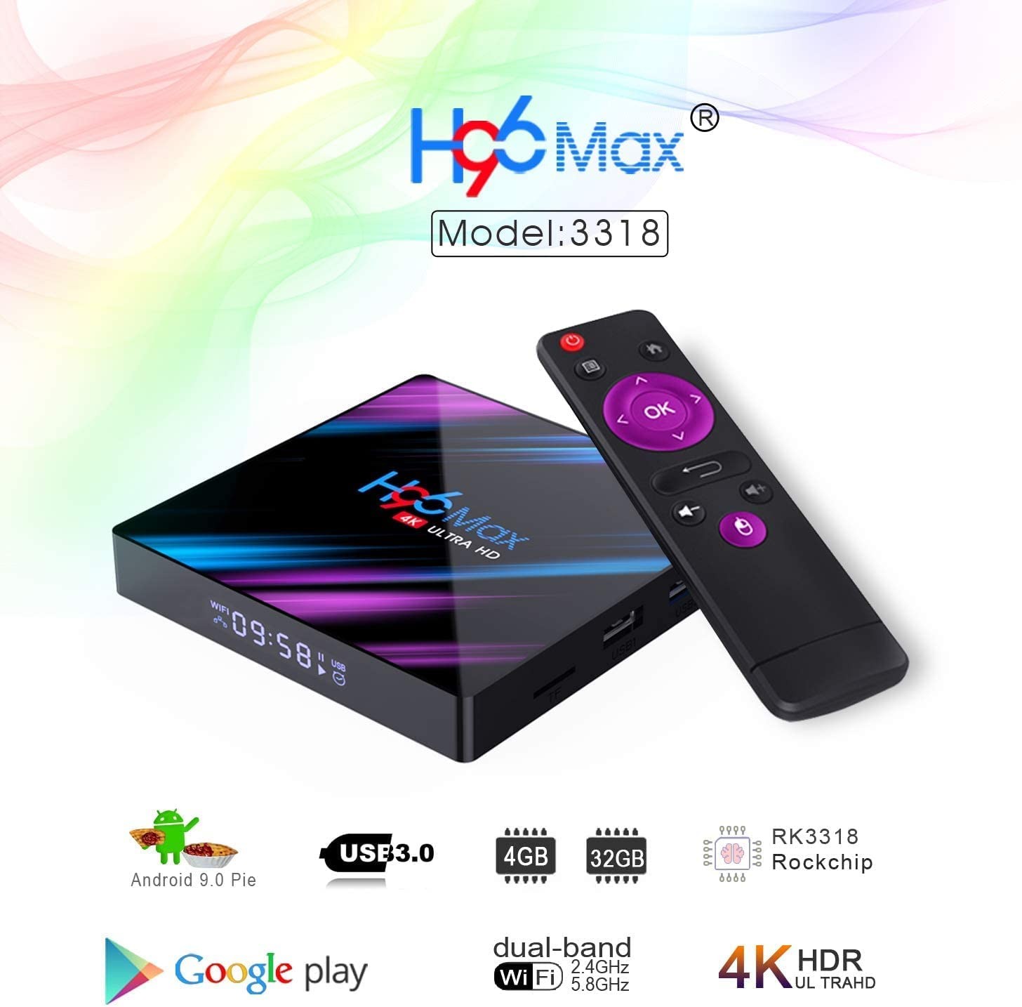 H96 Max Android 10.0 TV Box Smart TV Box 4G RAM 32G ROM Rockchip RK3318 Quad Core 2.4G / 5.0G WiFi LAN Bluetooth 4.0 HD 4K Lecteur multimédia Intelligent (4Go RAM+32Go ROM)-Android Box TV - H96MAX
