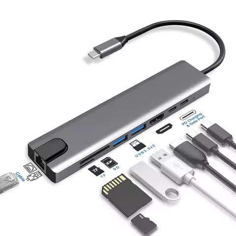 Adaptateur Hub USB C Sybra 8-en-1 - HDMI 4K UHD - Ethernet - USB 3.0 - Station D'accueil