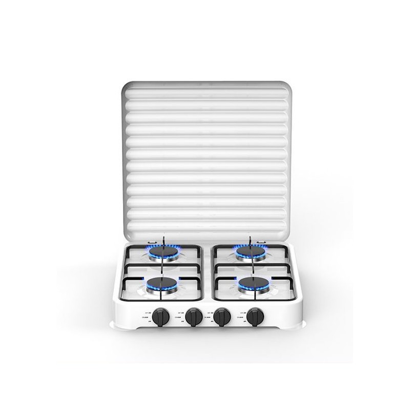 Cuisinière De Table 4 Feux Avec Couvercle Strié En Inox + Pôele + Briquet Allume Gaz