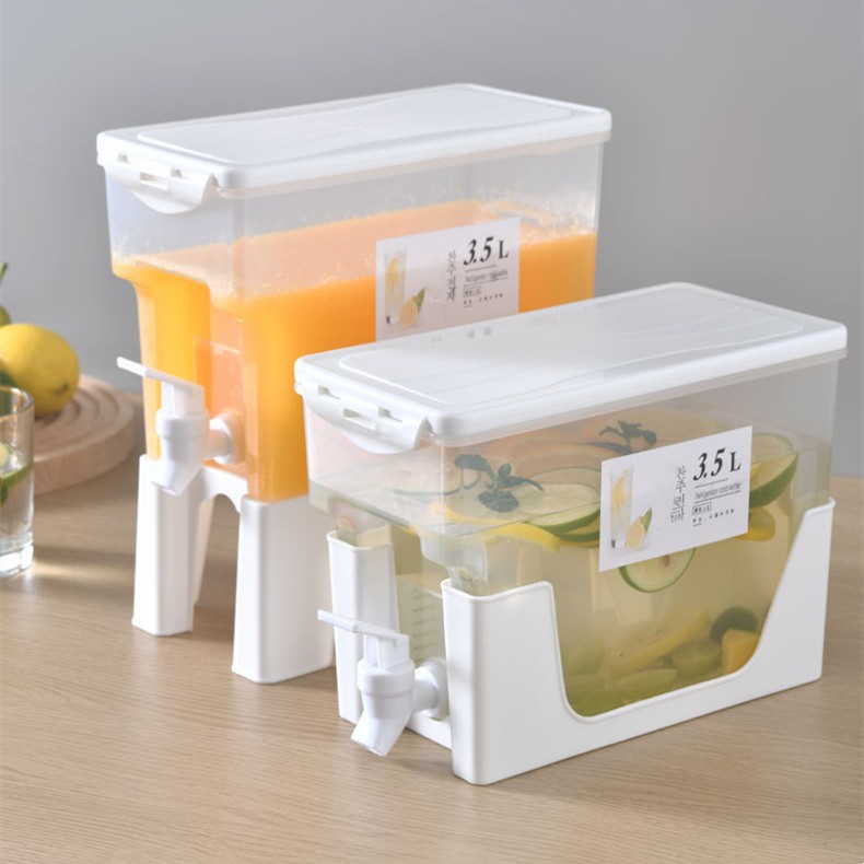 Sakamura boissons 3,5 l avec support, pichet avec robinet, boissons pour réfrigérateur avec fond amovible, récipient en plastique pour boissons gazeuses, café glacé, Jus de Fruits