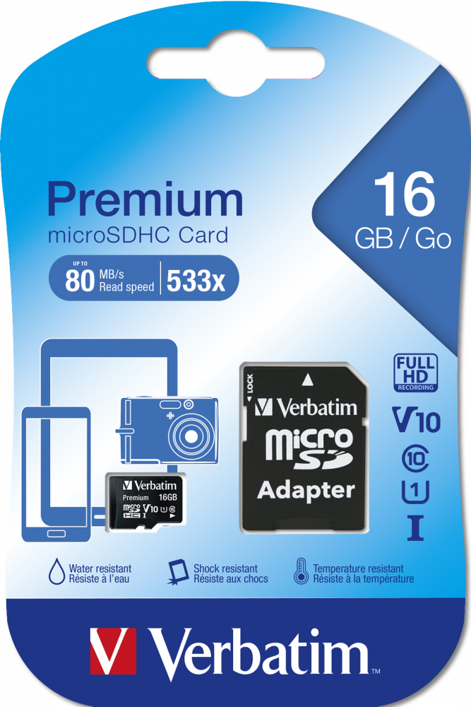Carte mémoire Verbatim Micro SDHC 16Go Classe 10 avec adaptateur