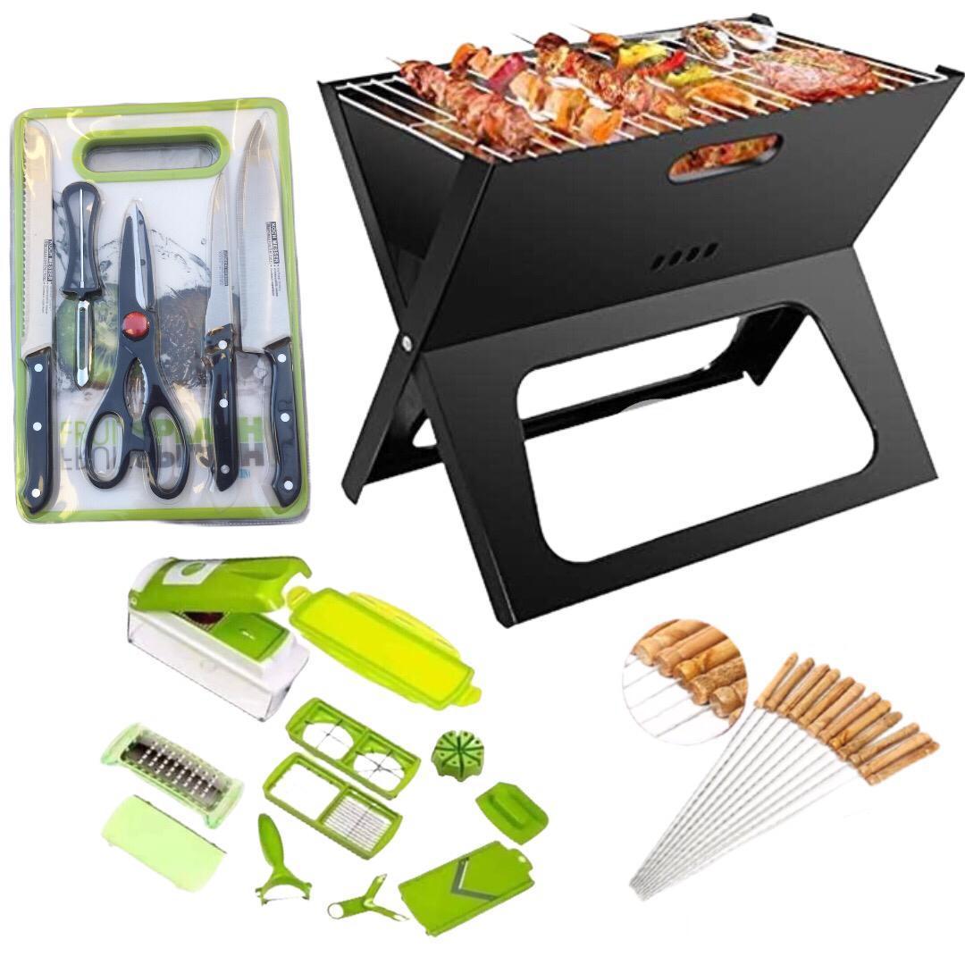 Barbecue transportable pliable + Pique de 10 brochette +ensemble couteaux 6 pièces